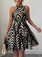 Zebra Print Halter Neck Tie Waist Ruffle Hem Dress