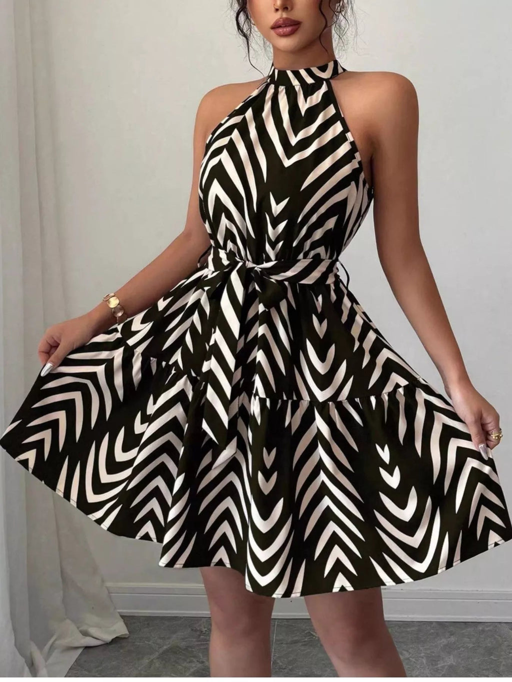 Zebra Print Halter Neck Tie Waist Ruffle Hem Dress