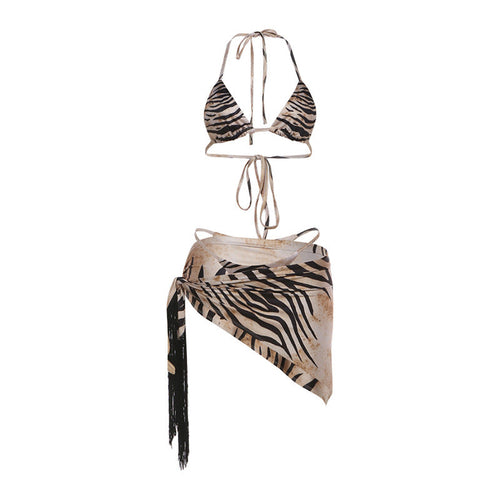 Spring Women Striped Printed Sexy Lace up Tassel Halter Three Piece