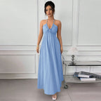 Summer Blue Halter Backless Dress Lace up Waist Slimming Seaside