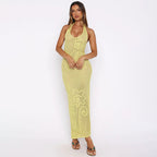 Summer Solid Color Strap Texture Hollow Out Cutout Low Collar Sexy