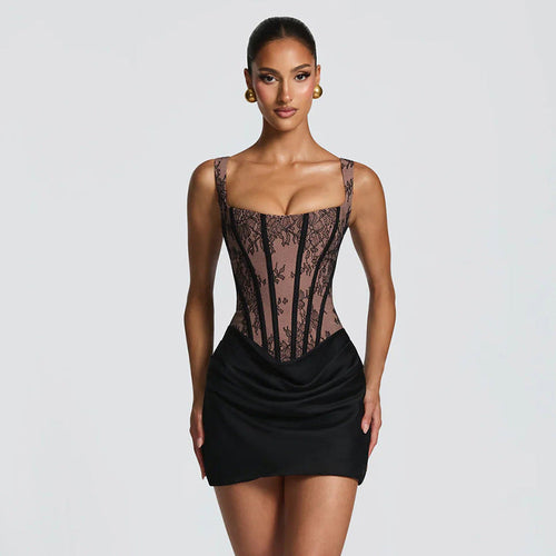 Women Clothing Spring Summer Square Collar Lace Printed Line Stitching