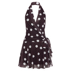 Retro Polka Dot Deep V Plunge neck Mesh Camisole Dress Vacation Lace