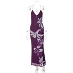 Women Summer Vacation Sexy Deep V Plunge neck Mesh Floral Print