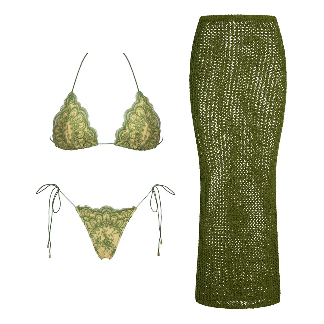 Ivy Green Lace Crochet three piece swimsuit