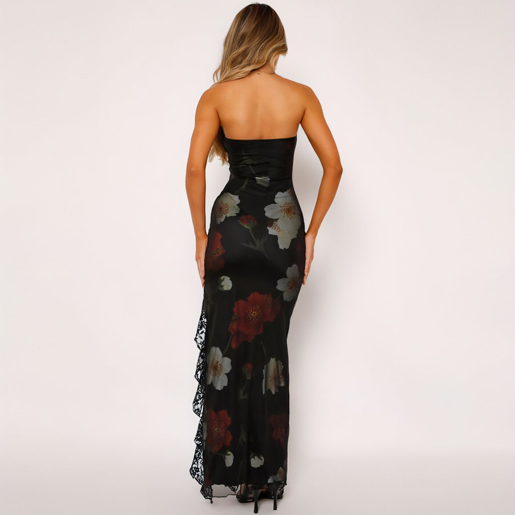 Printed Lace Stitching Wrapped Chest Dew Dress