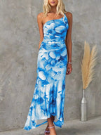 Floral Print One-Shoulder Ruched Maxi Dress