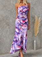 Floral Print One-Shoulder Ruched Maxi Dress